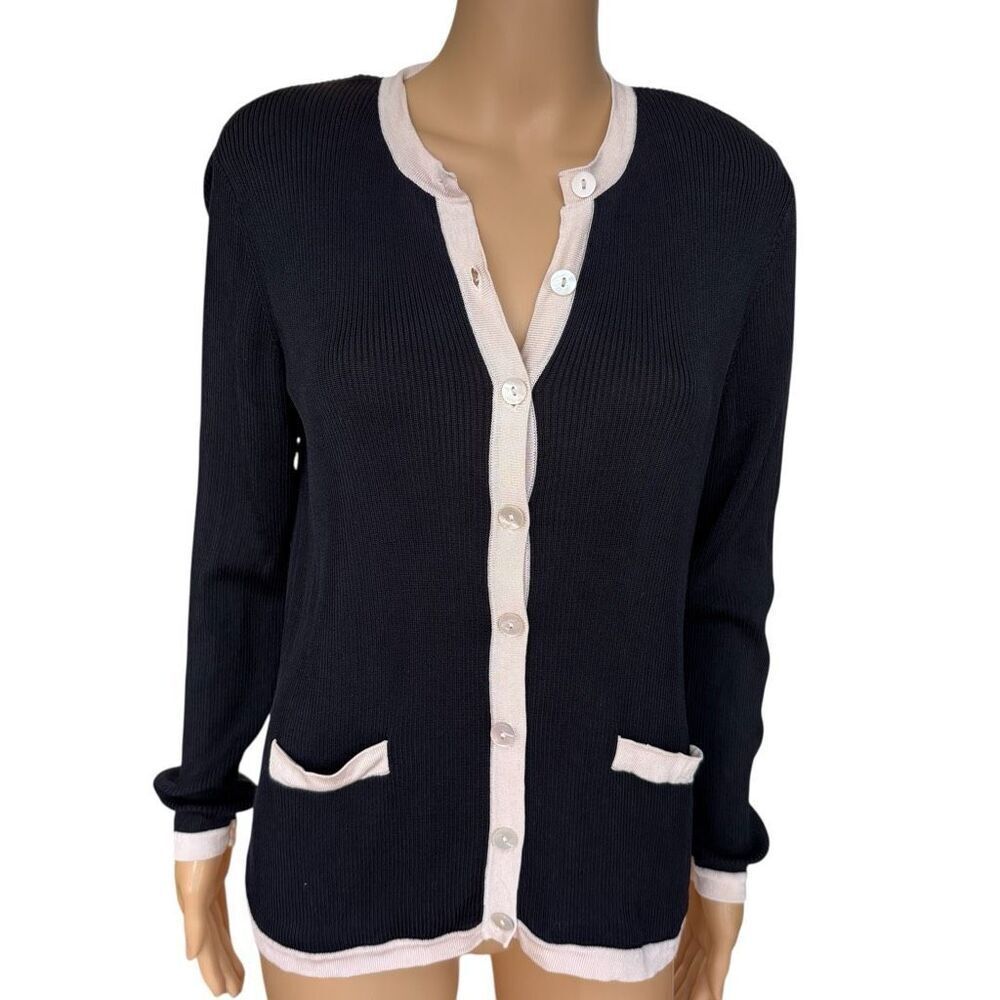 Talbots vintage 100% silk ribbed navy blue cardigan size L-XL?